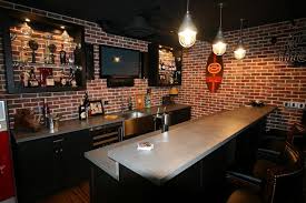 Interior Awesome Basement Bars Ideas Featuring Rectangle Shape Two Tiers Bar Counter Table And Gray Color Sl Modern Basement Basement Bar Designs Basement Bar