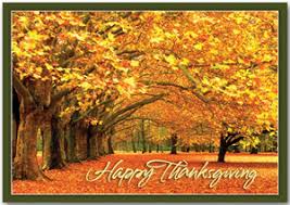 Business greeting card featuring autumn colors and fall trees. Custom Printed Thanksgiving Cards For Businesses