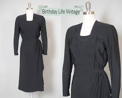 Vintage 1940s Dress 40s Black Rayon Cocktail Dress Double Breasted Draped Long Sleeve Evening Dress Small Evening Dresses With Sleeves Long Sleeve Evening Dresses 1940s Dresses