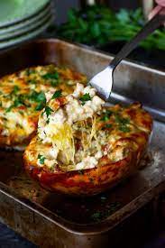 Keto Cheesy Chicken Spaghetti Squash Recipe Diet Doctor Recipe Cheesy Chicken Spaghetti Squash Recipes Spagetti Squash Recipes