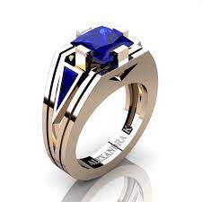 Mens Modern 14k Rose Gold 4 0 Ct Princess And Triangle Blue Sapphire Wedding Ring A1006m 14krgbs Blue Sapphire Wedding Ring White Sapphire Ring Wedding Mens Gemstone Rings