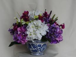 Buy Custom Made Purple And White Hydrangea Silk Floral Arrangement In Blue Pottery Vase Made To Order From Floral Designs By Alka Custommade Com