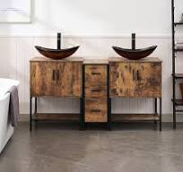 UEV Rustic Brown 60" Double Bathroom Vanity with Sink Combo,Industrial Iron  Frame 2 Main Bathroom Vanity with Middle 3 Drawers Cabinet,Modern Brown ...