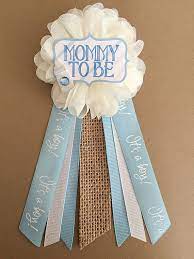 Shabby Chic Blue Baby Shower Mommy To Be Flower Ribbon Pin Corsage Glitter Rhinestone Mommy Mom New Baby Shower Corsage Baby Shower Flowers Bow Tie Baby Shower