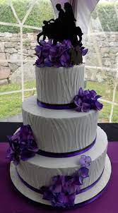 Three Tier Buttercream Wedding Cake Iced With Textured Light Grey Vanilla Buttercream And De Purple Wedding Cakes Buttercream Wedding Cake Simple Wedding Cake