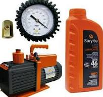 KIT BOMBA DE VÁCUO 12 CFM + VACUOMETRO ANALOGICO + 500ML ÓLEO SG46 SURYHA