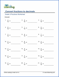 Free decimal for grade 3 : Grade 3 Math Worksheets Convert Fractions To Decimals K5 Learning