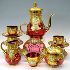 Vintage 17 Piece Enameled Cranberry Glass Tea Set Glass Tea Set Tea Cups Vintage Tea Pots Vintage