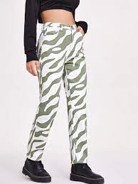 Zebra Striped High Waisted Straight Leg Jeans Green White Shein