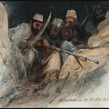 Balochs in the Bolan Pass (sniping down the British invaders passing through their territory towards Kandahar), 1839. Sketch by James Atkinson.