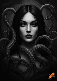 Portrayal of a young Ursula with black tentacles and purple skin