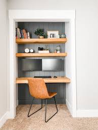 In the living room, leave plenty of space for furniture by displaying metal picture frames and marble sculptures on wall shelves. Creating A Modern Office Closet Mill City Workshop
