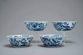 Asian blue and white bowls. Four Chinese Blue And White Bowls With Birds Butterflies And Flowers 19th C Rob Michiels Auctions