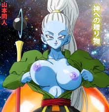 questionable, artist:yamamoto doujin, dragon ball, dragon ball super,  1girl, areolae, blue skin, bouncing breasts, breasts, clothes pull,  collarbone, colored skin, dress, green dress, hentai, large breasts, lips,  lipstick, long hair, looking at
