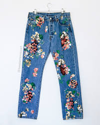 Custom Floral Hand Painted Jeans By Kessler Ramirez Painted Jeans Painted Denim Painted Jacket