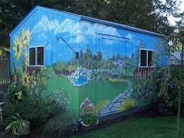 *i just found the most amazing, breathtaking, huge gorgeous nature scene wall murals for sale! Outdoor Murals Dress Up Sheds Garages And Blank Walls Plus Seven Tips Or Creating Your Own Painted Garden Sheds Garden Mural Painted Shed