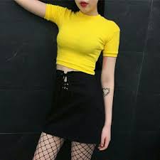 Yellow Crop Top And Black Mini Skirt Korean Fashion
