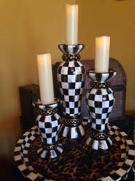 Black And White Candlesticks 3 Tall Whimsical Candlesticks Black White Check Hand Painted Candle Holders Candlesticks Candle Holder Set