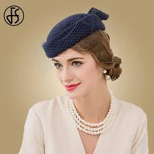 Cappello da portapillole in feltro di lana blu Royal Vintage FS Fascinator  per donne eleganti cappello da berretto da sposa velo Fedora cappellini da  chiesa da donna