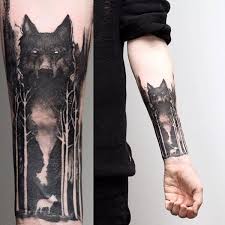Wolf Negative Space Tree Sleeve Forearm Tattoo On Man Forest Tattoos Tattoos Tattoo Designs Men