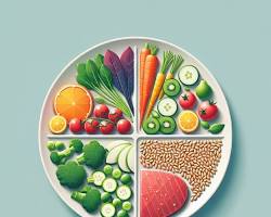 Image of plate with balanced meal: vegetables, protein, and whole grains