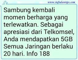 Lalu setelah itu kamu akan mendapatkan sms dari 5111 yang berisi penghargaan untuk kamu untuk mengembalikan nomor prabayar: Dapat Kuota Internet Gratis 10gb Berlaku 20 Hari Dari Telkomsel