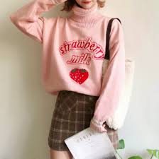 Turtleneck Pastel Pink Strawberry Milk Knitted Sweater Pastel Pink Outfit Pastel Outfit Kawaii Clothes I really like strawberries and strawberry milk,, so i decided to make this! turtleneck pastel pink strawberry milk