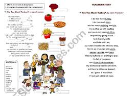 Making learning fun turkey and thanksgiving printables. Thanksgiving Poem I Ate Too Much Turkey Esl Worksheet By Queensarah