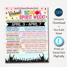 Virtual Spirit Week Itinerary Schedule Kids Fun Schedule Planner Printable Editable Template School Spirit Week Spirit Week Virtual School