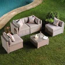 Costway 4 pcs patio garden rattan furniture set coffee table cushioned sofa. Wrought Studio 5 Piece Outdoor Furniture Set Warm Grey Wicker Sectional Sofa W Thick Cushions Glass Coffee Table 4 Floral Fantasy Pillows Reviews Wayfair Ca