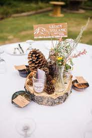 Simple Table Decor Pine Cones Spaghetti Sauce Jars Used Mini Vases National Pa National Park Wedding Theme Park Wedding Decorations Mountain Wedding Decor