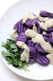 Purple Sweet Potato Gnocchi With Tahini Parsley Sauce Recipe Sweet Potato Gnocchi Oil Free Vegan Recipes Vegan Christmas Recipes
