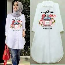 Gamis lengan lonceng mandalika by aisaa dengan motif geometric rekomendasi model baju gamis terbaru kekinian. Jual Baju Busana Muslim Wanita Tunik Confidence Baju Atasan Wanita Modis Murah White Longshirt Kemeja Putih Motif Di Lapak Model Baju Tika Bukalapak