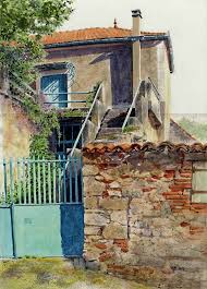 Maison Bleue Au Rocher Watercolor Art Landscape Watercolor Architecture Watercolor City