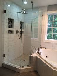 Frameless Glass Corner Shower With White Subway Tile And Glass Accent Tiles 3 8 Clear Glass Kitchen Bathroom Remodel Shower Doors Glass Corner Shower