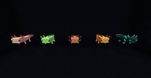 Axolotls come in five different colors · lucy (light pink) · wild (brown) · gold (yellow) · cyan (light blue, nearly white, with pink details) · blue. Early Axolotls Minecraft Texture Pack