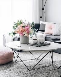 White Marble Coffee Table With Flowers And Grey Couch Decor Living Room Scandinavian Living Decor
