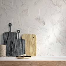 I've fallen in love with marble hexagon tiles for our bathroom renovation. Tuscany White Hexagon Marble Effect Tile Luxury Tiles