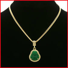 If the buddha is also holding a wu lou (gourd) of enlightenment suspended from a stick while holding a fan in his other hand and wears a prayer bead necklace. 14k Gold Plated Green Jade Buddha Pendant W 3mm Cuban Chain Necklace 24 27 30 Wish