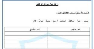 ورقة عمل أنواع الفعل لغة عربية للصف الثانى فصل أول