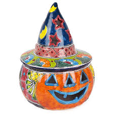 Two friendly ghouls interacting with a crow in a scary halloween. Talavera Jack O Lantern Pumpkin With Witch Hat