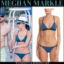 Meghan Markle In Blue Triangle Bikini With Straw Hat On The Beach Jamaica With Prince Harry Meghan Markle Style Meghan Markle Bikini Celebrity Style
