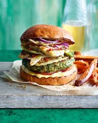 Herby Falafel Burgers With Fennel And Halloumi Recipe Delicious Magazine Recipe Falafel Burgers Halloumi Falafel