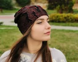 Red Wine and Black Slouchy Beanie, Winter Hat for Girls, Merino Wool,  Felted Cap for Women