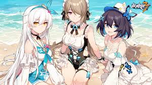 She is a descendant of kallen kaslana and one of the valkyries along with raiden mei, theresa apocalypse and himeko murata. Anime Girls Beach Honkai Impact 3rd Kiana Rita Seele 4k Wallpaper 4 495