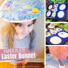 Easter trees decorated with small plastic eggs and other embellishments make great centerpieces and you can go all out and decorate eggs with the names of your easter dinner guests. Paper Plate Easter Bonnets Sugar Spice And Glitter