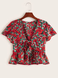 Collection by shein • last updated 3 weeks ago. Tie Front Allover Floral Print Peplum Top Shein Usa Printed Peplum Top Floral Tops Summer Crop Top Outfits