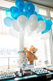 Vem Ver 54 Ideias De Decoracao Para Cha De Bebe Ursinho Azul Decoracao Baby Shower Balloons Bear Baby Shower Theme Baby Shower Centerpieces