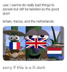 A way of describing cultural information being shared. Usa I Wanna Do Really Bad Things To People But Still Be Labelled As The Good Guys Britain France And The Netherlands Memes Allow Us To Introduce Ourselves Sorry If This Is