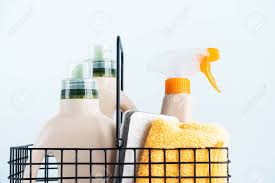 Find other cleaning tips on our playlist: D Lose Up Of Bottles Of Cleaning Products And Microfiber Cloth Cleaning Sponge In Basket On Blue White Background Overview With Space For Text Front View Cleaning Tools Cleanliness And Cleaning Layout Lizenzfreie Fotos
